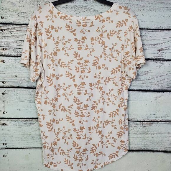 Old Navy Luxe Women’s Top Size L White Beige Floral Stretch Short Sleeve Blouse - Picture 3 of 6